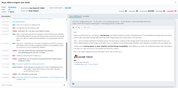 Buyer Advocate's introduction email bringing the buyer and seller together, beside the live conversation history