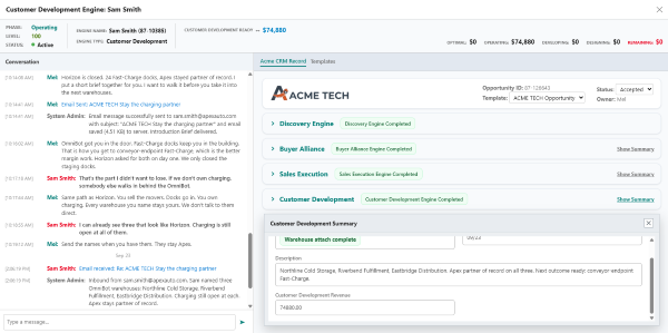 Customer Development summary marked Warehouse attach complete, with named warehouses from the live conversation and Customer Development revenue
