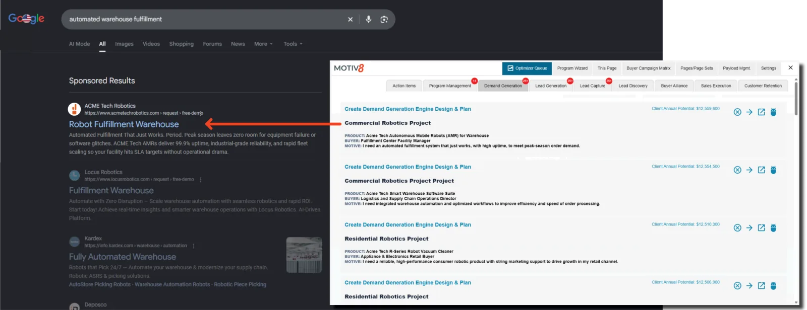 Google sponsored search ad linked to the Motiv8 Optimizer Queue, where Demand Generation engine designs are ranked by revenue potential