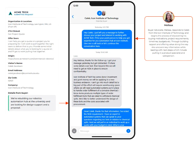 Buyer Advocate texting a prospect after a quote request to uncover buying motives, project needs, and budget