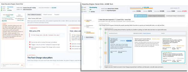 Expertise Engine developing a Sales Execution rep to pair every quote with value and return, beside a Collabor8 value framing skill guide
