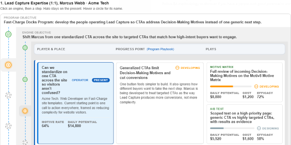 Lead Capture expertise plan moving a web developer from one site-wide CTA to targeted CTAs matched to Decision-Making Motives
