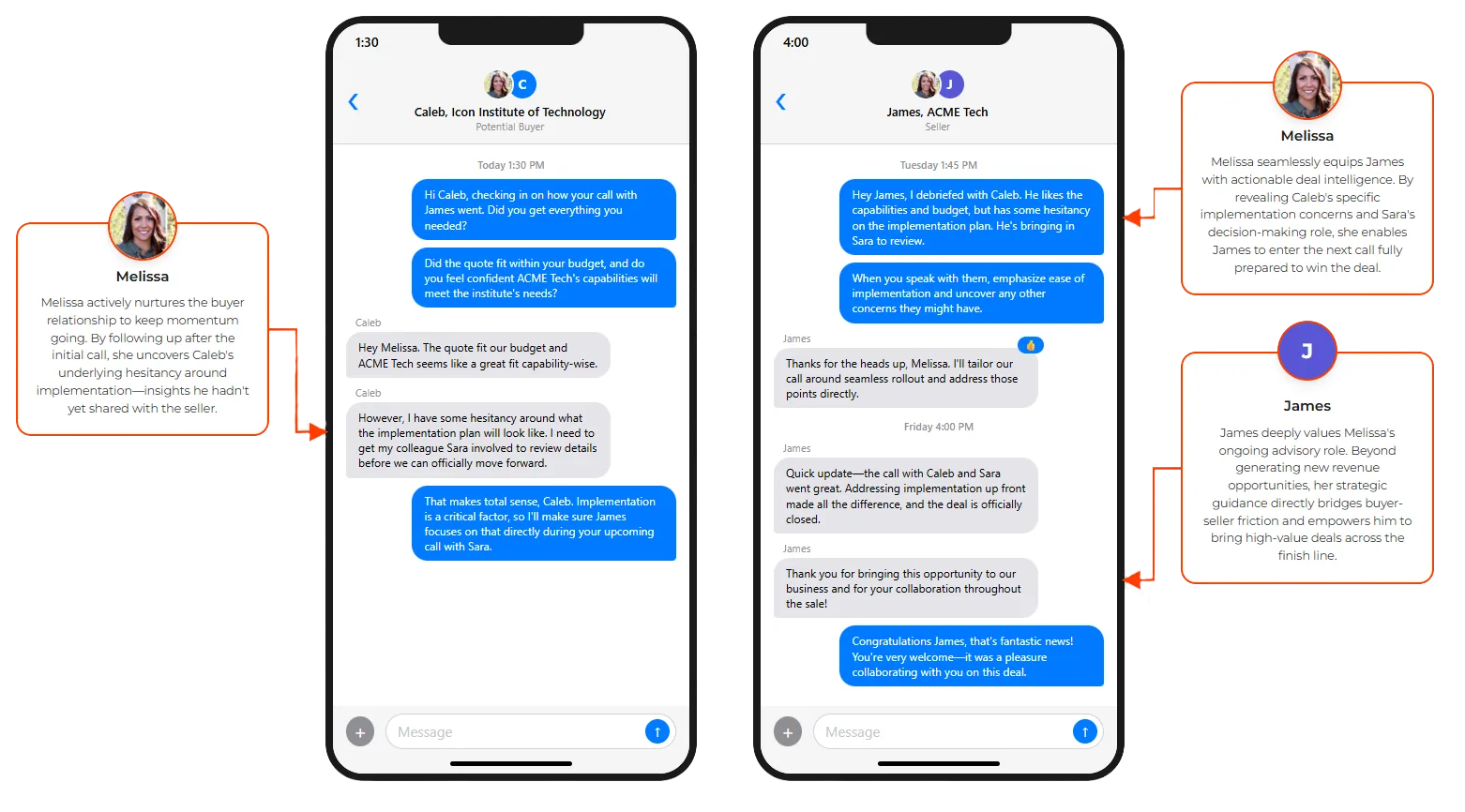Buyer Advocate supporting the buyer and the seller in parallel text threads through the final stages to a closed-won deal