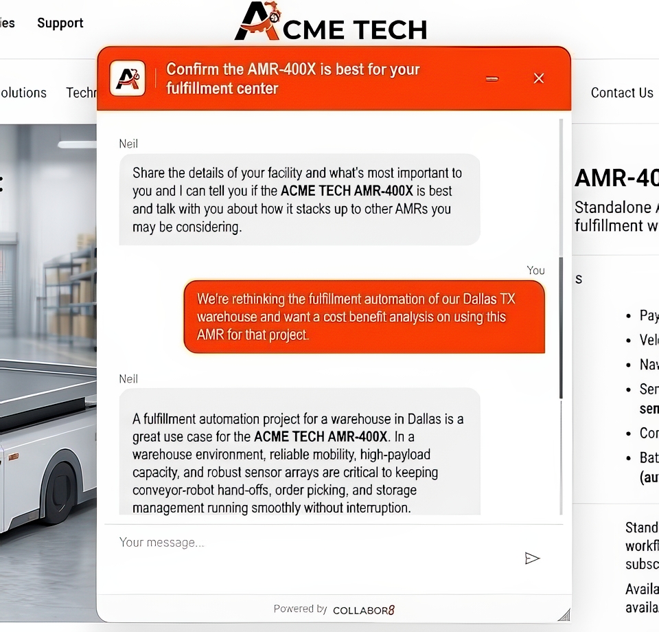 Screenshot of the BIA engaging with a user and delivering a total cost of ownership calculation and leading the user to a BA experience